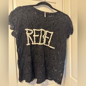 Free People Black Lace Top with White Text